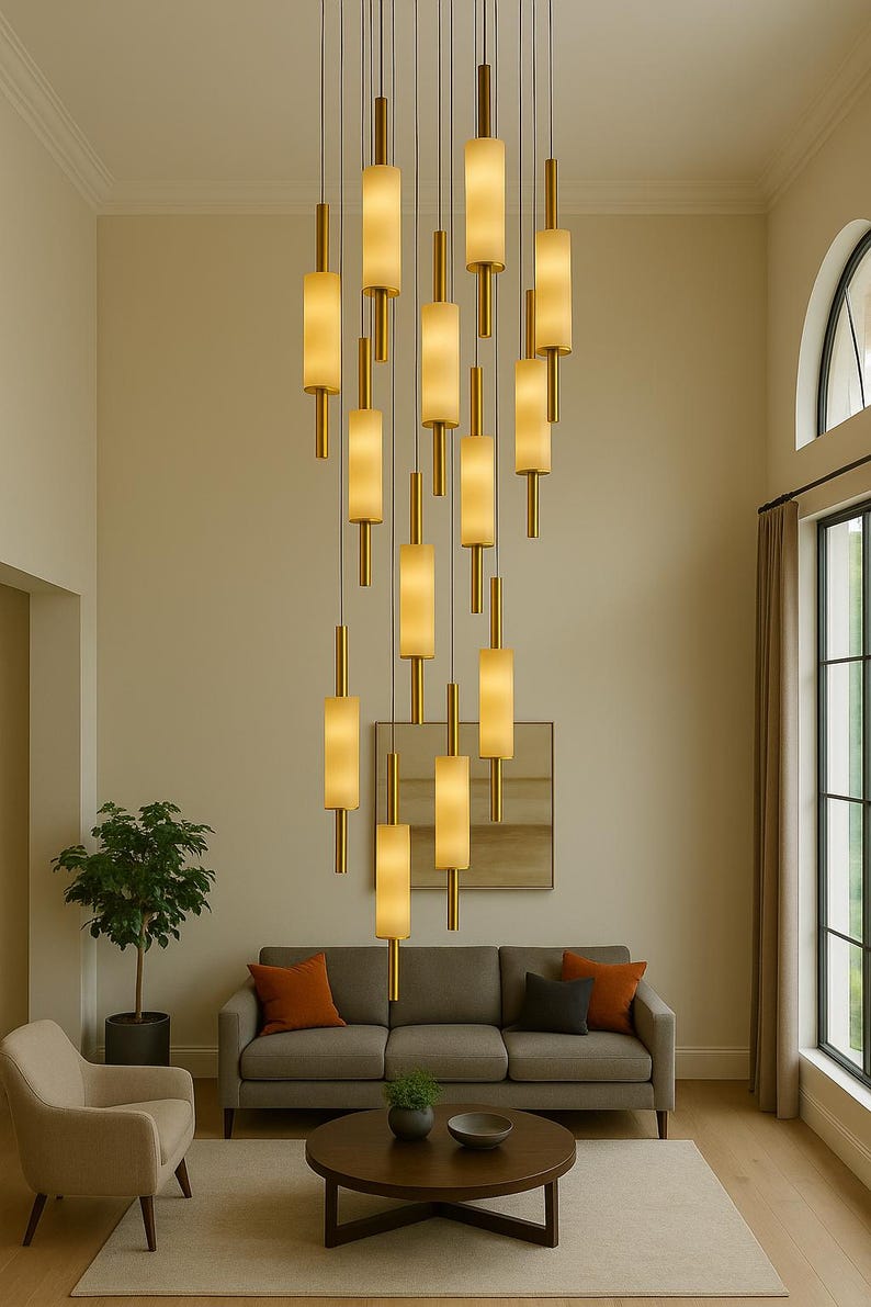 Alabaster Chandelier with Brass Accents