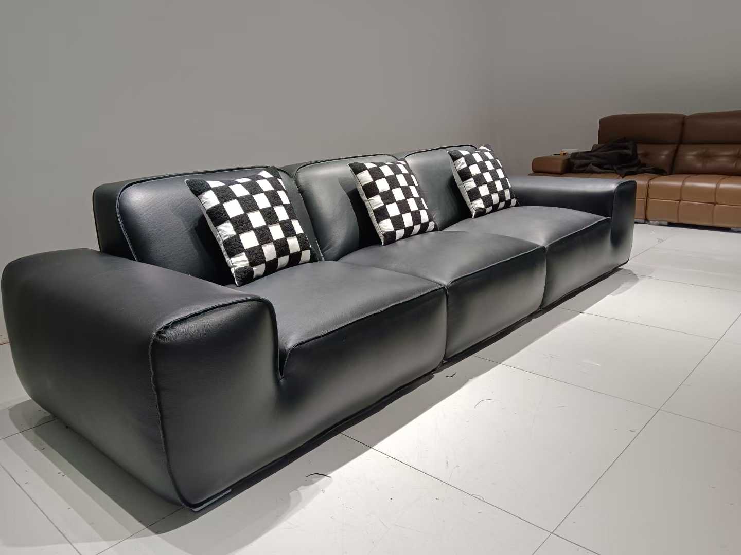 Black Leather 3-Seater Modular Sofa