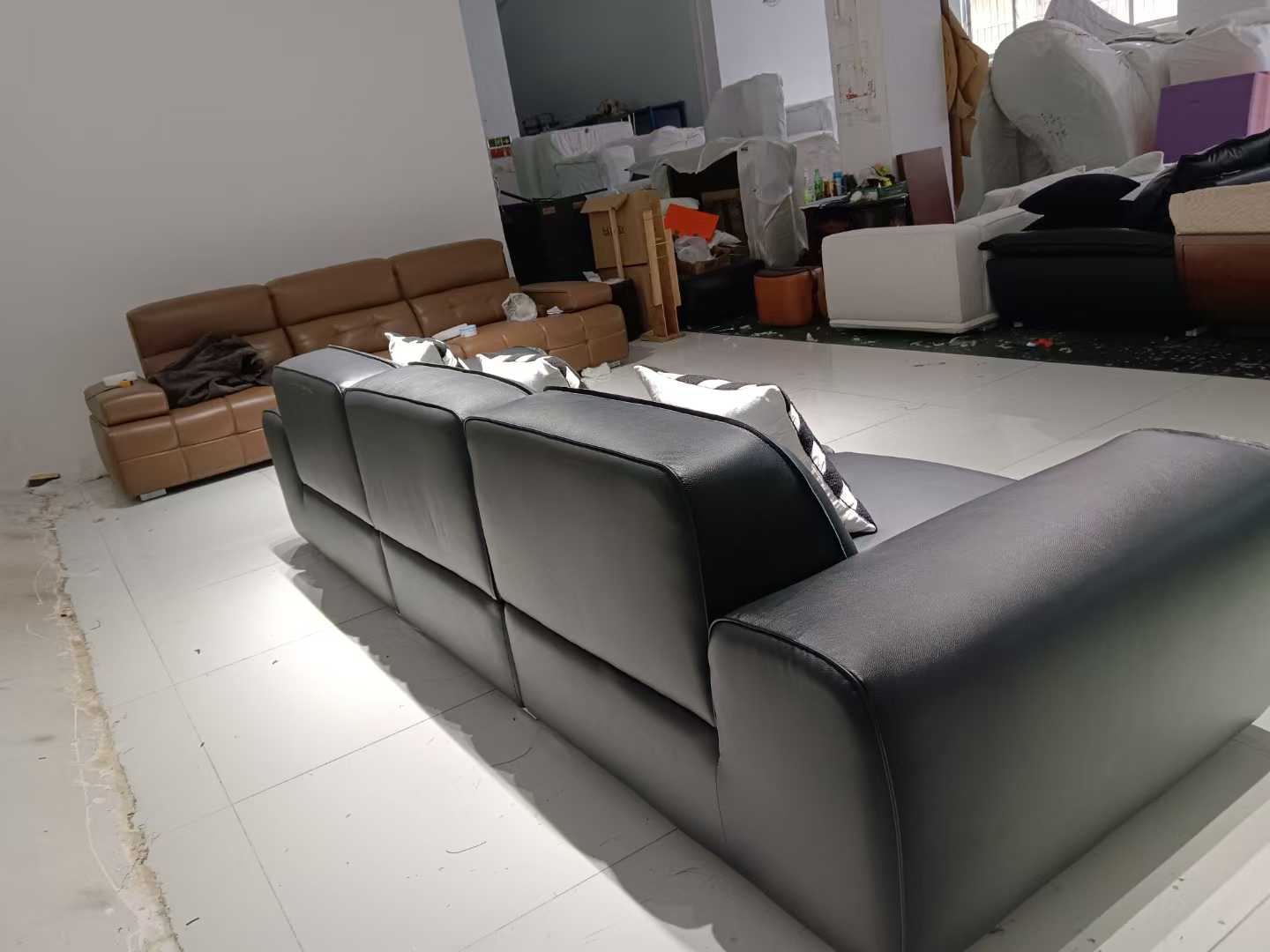 Black Leather 3-Seater Modular Sofa