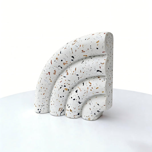 Terrazzo-patterned fan-shaped bookshelf