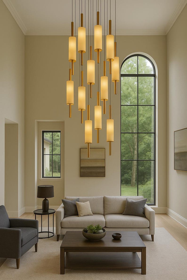 Alabaster Chandelier with Brass Accents