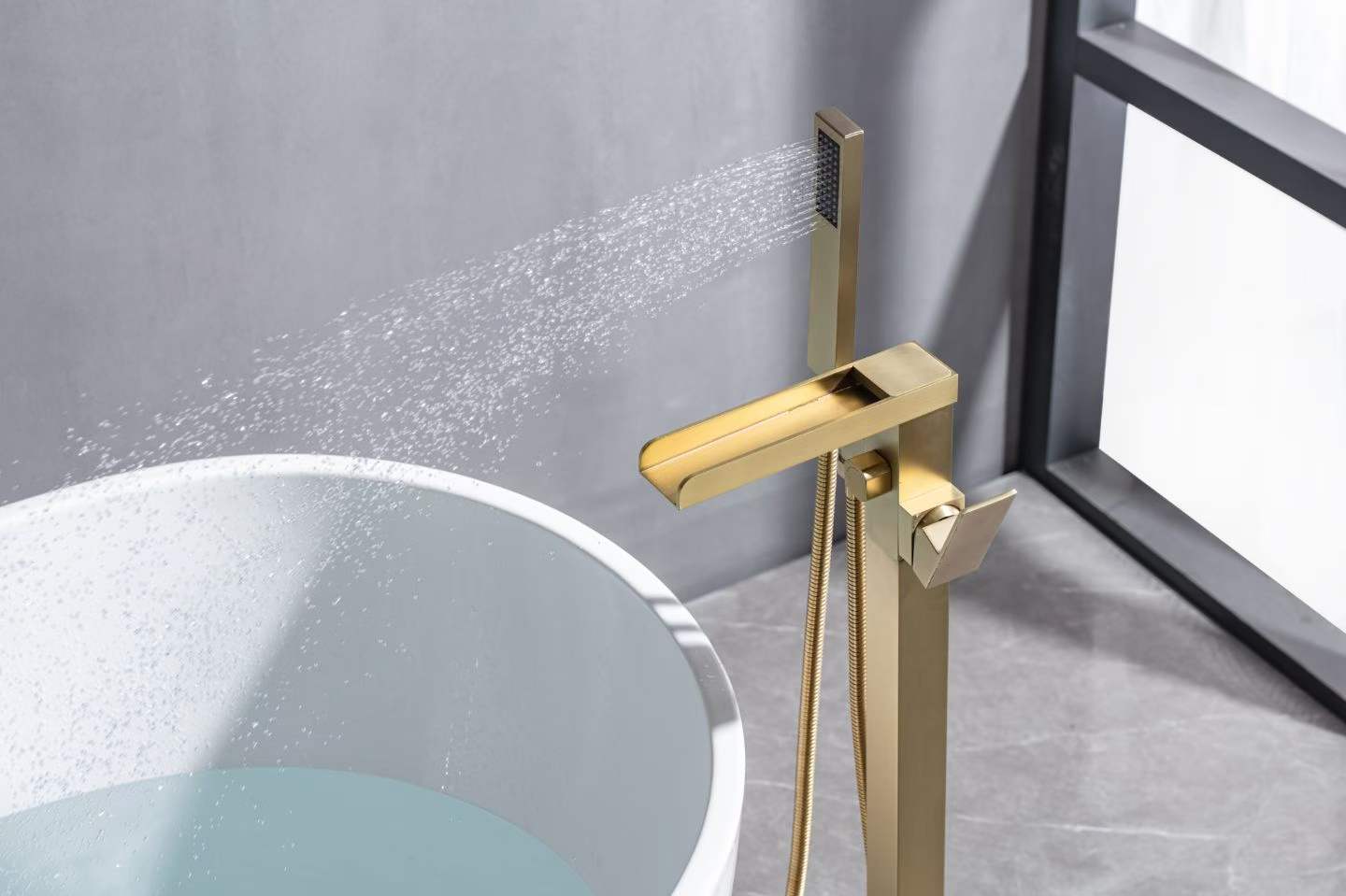 Elegant Brushed Gold Waterfall Bathtub Faucet 61010