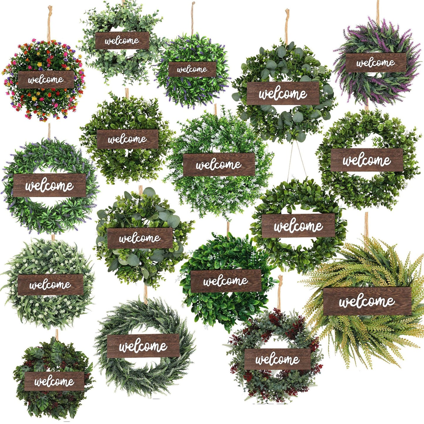 Simulated Green Plant Wreath with Wooden Board & Hemp Rope Hooks