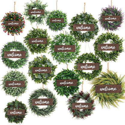 Simulated Green Plant Wreath with Wooden Board & Hemp Rope Hooks