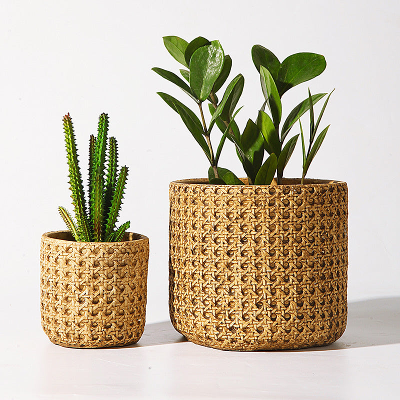 Rattan Woven Cement Flowerpot