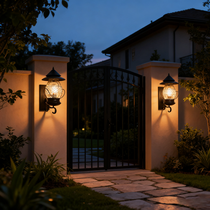 Black Outdoor Wall Lantern, Iron/Stainless Steel, Customizable