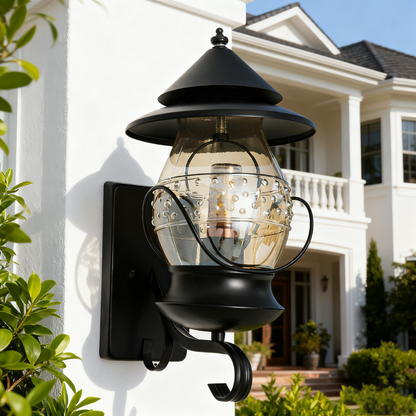 Black Outdoor Wall Lantern, Iron/Stainless Steel, Customizable