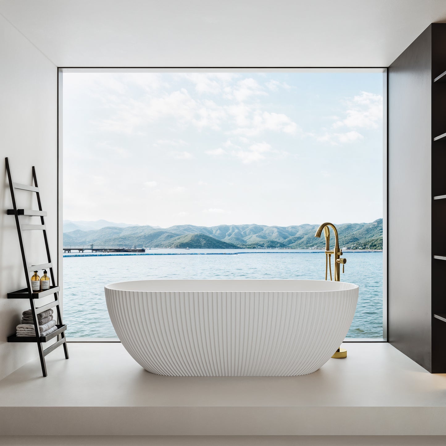 Vertical Fluted Oval Freestanding Solid Surface Bathtub 070