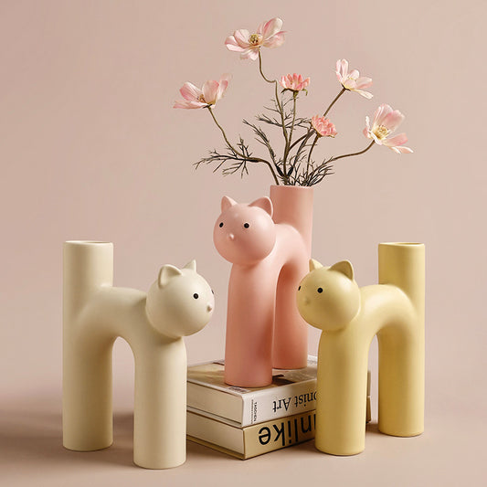 Creative And Cute Tube Shaped Cat Flower Ceramic Vase